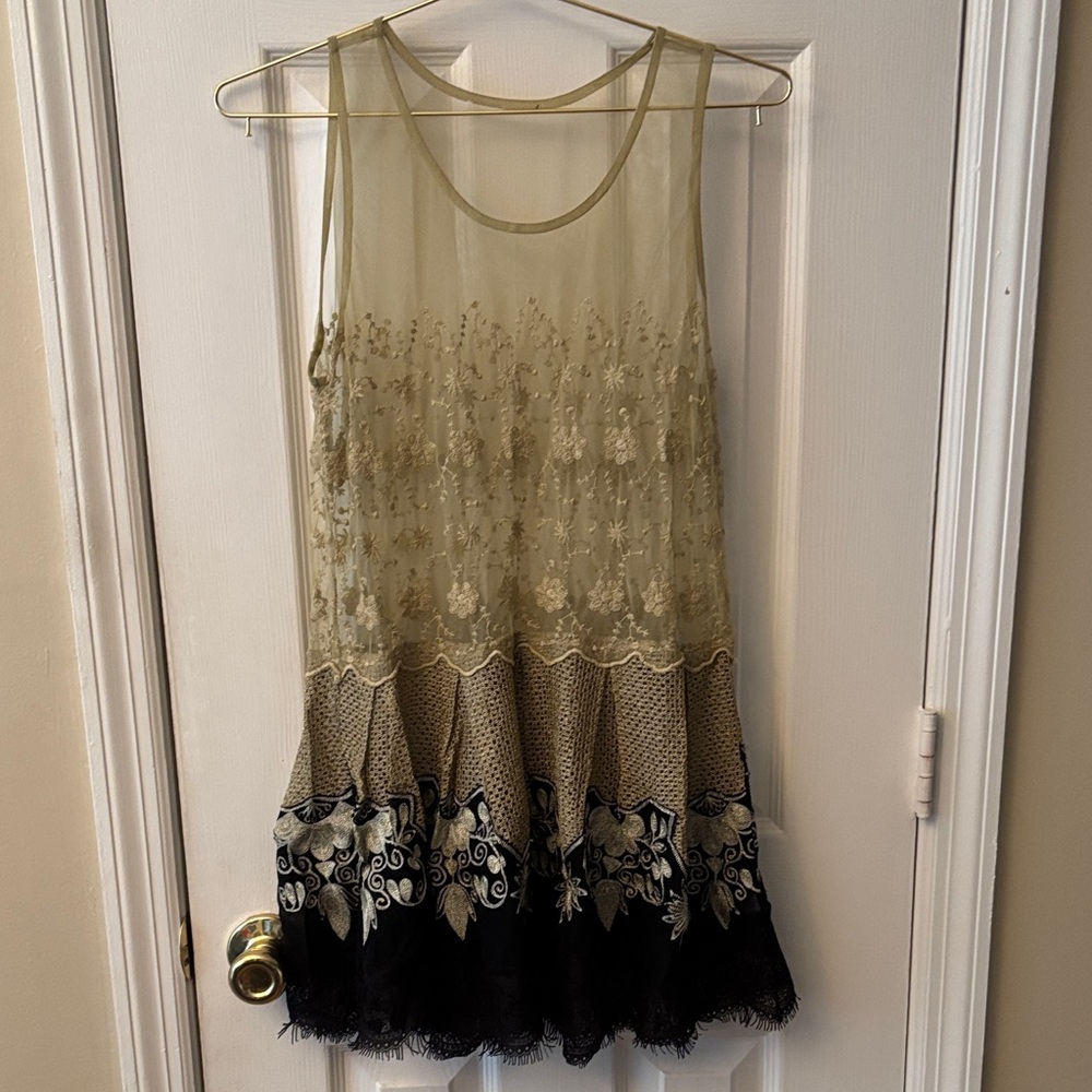 Anthropologie Beige and Black Embroidered Dress